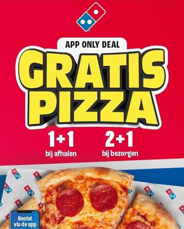 Domino’s pizza 1+1 of 2+1 gratis op alle formaten pizza’s
