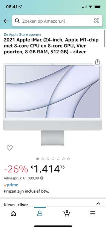 2021 Apple iMac (24-inch, Apple M1‑chip met 8‑core CPU en 8‑core GPU, Vier poorten, 8 GB RAM, 512 GB) - zilver