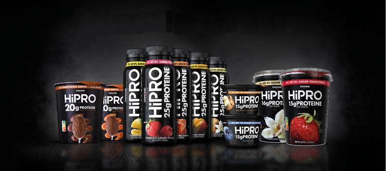 Gratis HiPRO proteïne zuivel ( is van Danone ) HiPRO : Protein drink 300ml en 330 ml , protein skyr stijl 160g , of protein mousse 200g.