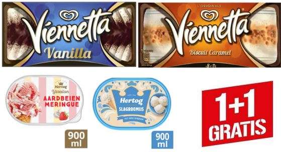 1 + 1 Gratis, Alle Hertog schepijs bakken 900 ml of Ola Viennetta dozen 650/750 ml @ AH, Coop , Dekamarkt en Hoogvliet