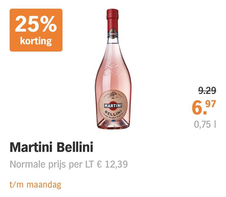 Alle Martini flessen bij AH 25% korting - BV: Bellini €6,97!