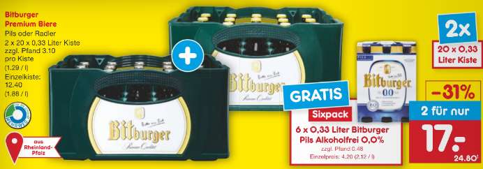 2 kratten Bittburger pils + gratis sixpack 0,0% voor € 17,-