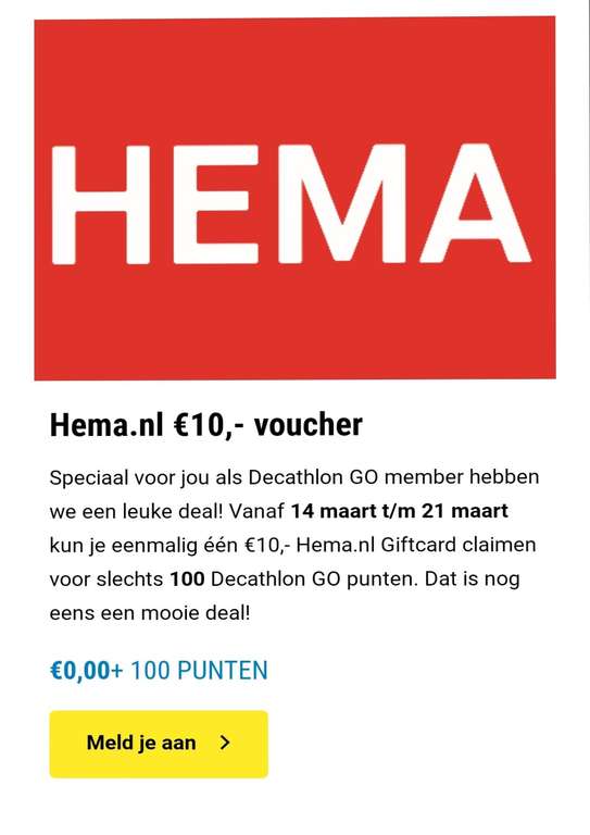 €10 tegoedbon Hema bij Decathlon Go voor 100 punten