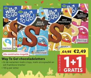 Way to go chocoladeletters (135gr per stuk) 1+1 gratis @Lidl