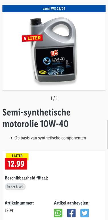Lidl W5 Motorolie 10W-40 5 liter €12,99