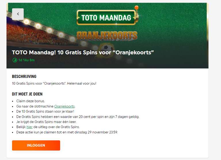 Toto Casino : 10 Gratis Spins voor “Oranjekoorts”