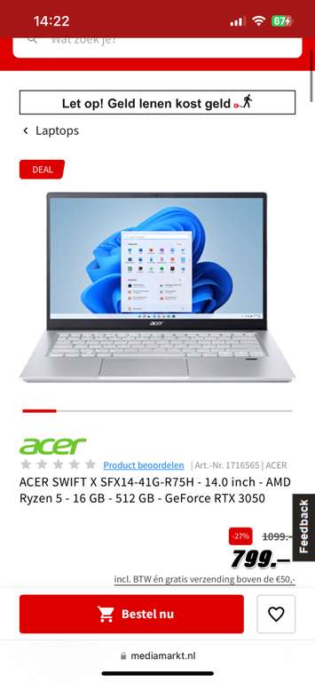 Acer Swift X 14 inch - ryzen 5 - RTX 3050 - 16GB RAM - 512GB SSD