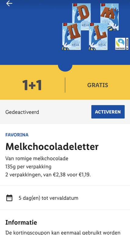 [lidl plus app] Melkchocolade letters 135gram 1+1 gratis €1,19