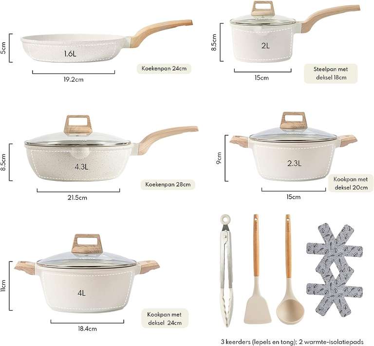 CAROTE Pannenset 14-delig bestaande uit een pan van 24/28 cm, 18/20/24 cm kookpan met deksel voor €89,99 @ Amazon NL