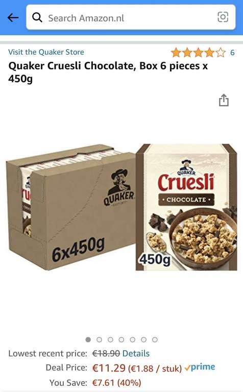 Quaker Cruesli Chocolate, Box 6 dozen x 450g