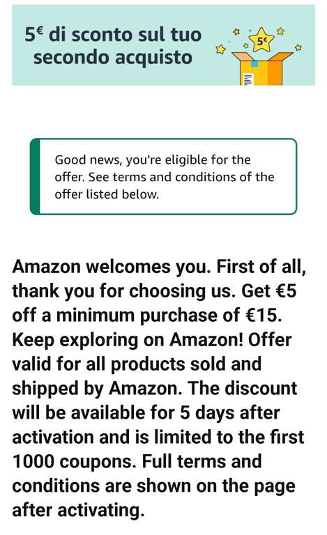 €5 euro korting bij een besteding van minimaal €15 bij Amazon.it (Italië)