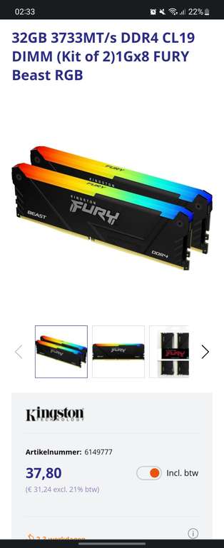 FURY Beast RGB 32GB 3733MT/s DDR4 CL19 DIMM (Kit of 2)1Gx8