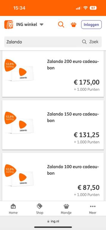 Zalando 12,5% korting cadeaubon via ING Spaarpuntenwinkel