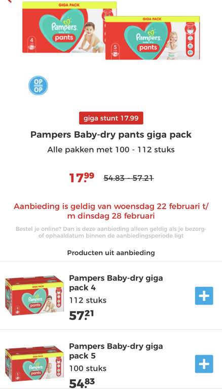 Pampers Baby Dry Pants 4 en 5 voor 16 en 18 cent per stuk