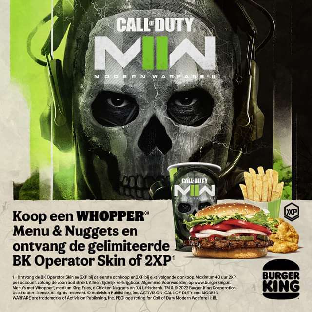 1 BK Operator Skin + 2XP-bonus aangeboden op Call of Duty Modern Warfare 2 bij de aankoop van een Whopper-menu @ Burger King - PS5, Xbox, PC