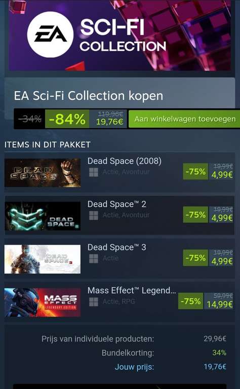 Verschillende EA collection pakketten zoals Sci-fi , Bioware en EA Classics 9! Games (@ Steam)