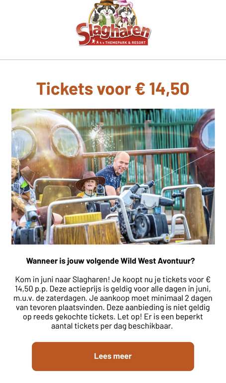 €14,50 per kaartje voor Attractiepark Slagharen in de maand Juni 2023