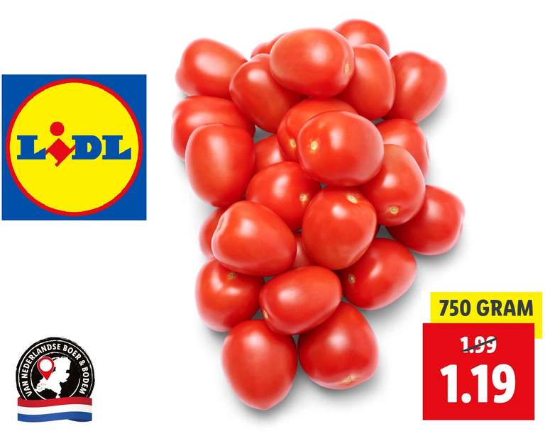 Roma tomaten 750gr Ma t/m WO voor €1.19 (1kg = €1.69) @Lidl