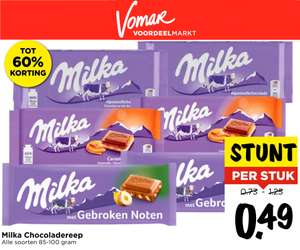 Alle 100gr varianten Milka chocolade reep voor €0,49 @Vomar