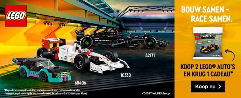 Gratis Lego McLaren Polybag bij aankoop van 2 Lego auto's