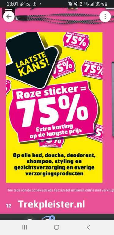 75% korting op verzorgingsproducten met een roze sticker @trekpleister en alles met gele sticker @kruidvat