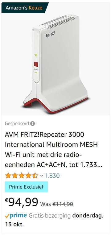 Extra korting: Prime exclusive deal Diverse Fritz apparatuur o.a. Repeater 6000