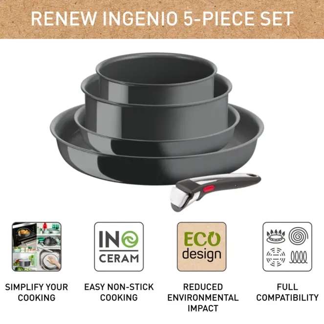 Ingenio Renew ON 5-delige set (koekenpan 22/28 cm, kookpan 16/20 cm, handgreep)