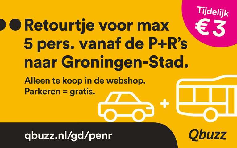 50% korting op P+R e-ticket (5 personen & gratis parkeren) in Groningen Stad