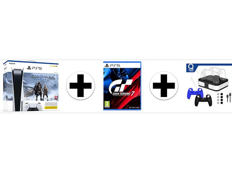 [Voorraad] SONY PlayStation 5 Disk Edition + God of War: Ragnarok + Gran Turismo 7 + Qware Dual Charging bundel