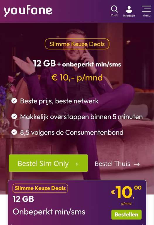 Youfone. 12gb + Onb bellen/sms voor €10