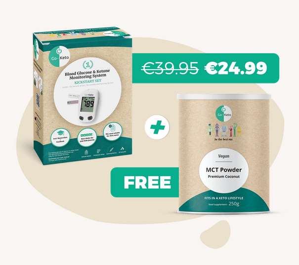 Go-Keto Glucose Ketone Meter Kickstart set met gratis 250gr MCT powder. €5,- extra korting met de kortingscode.