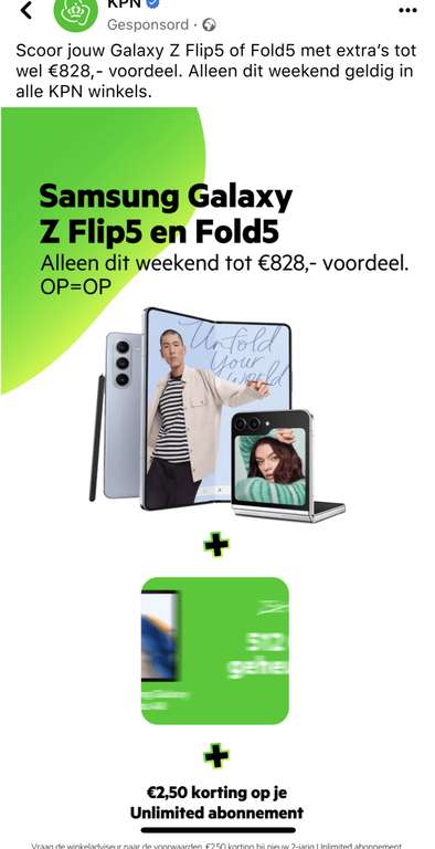 [KPN winkels] Samsung Galaxy ZFlip5 of Fold5 dit weekend tot 828 euro voordeel