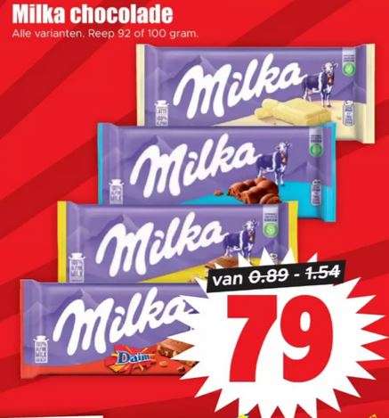 Milka reep 92 - 100 gr. Alle varianten € 0,79 p/st @ Dirk