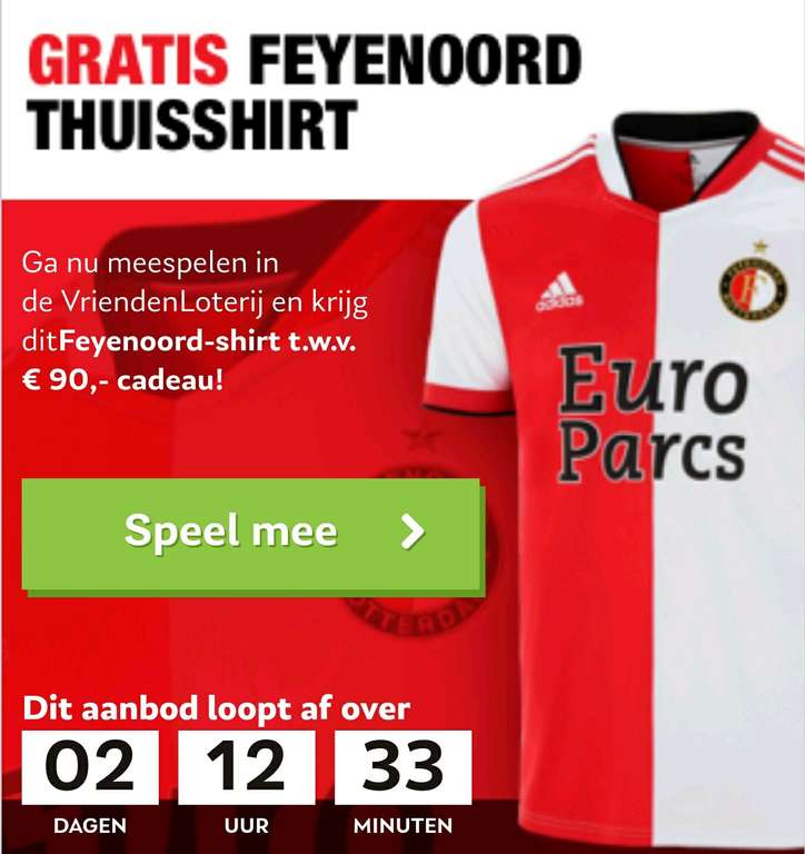 Gratis Feyenoord thuisshirt bij meespelen met de Vriendenloterij