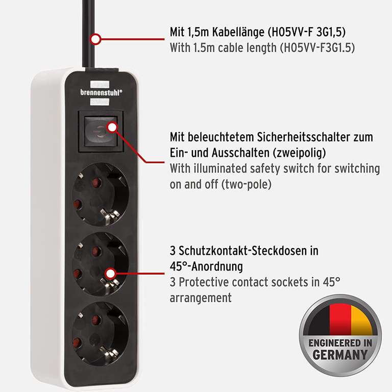 Brennenstuhl 1153230020 Ecolor Power Plug, 3-gang met switch wit/zwart