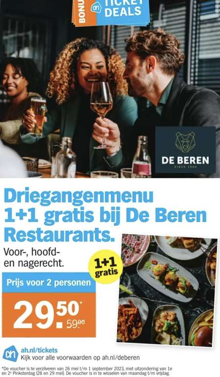 1+1 gratis: driegangenmenu bij De Beren Restaurants