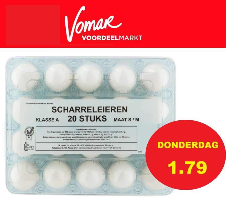 a.s. DONDERDAG Witte Scharreleieren S/M 20 stuks voor €1,79 @Vomar