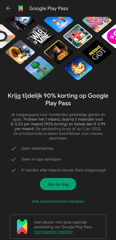 4 maanden Google Play pass abonnement voor €1,50 (normaal €4,99 per maand)