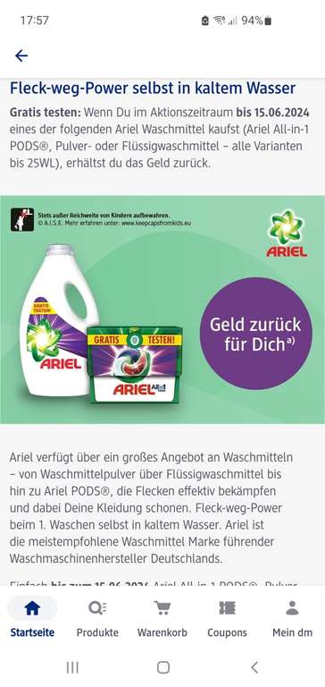 Bij DM Duitsland: gratis Ariel wasmiddel via cashback (let op: waarschijnlijk Duitse bankrekening en telefoonnummer vereist!)