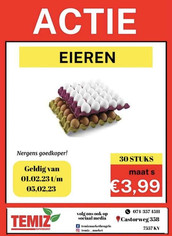 [Temiz Supermarkt Hengelo Lokaal] 30 eieren maat s €3.99