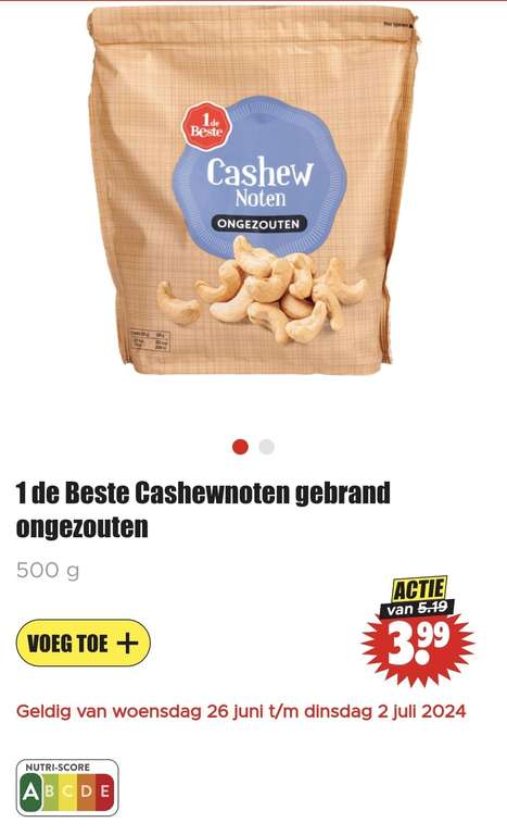 Cashewnoten gebrand en gezouten/ongezouten 500gr voor €3.99 bij Dirk