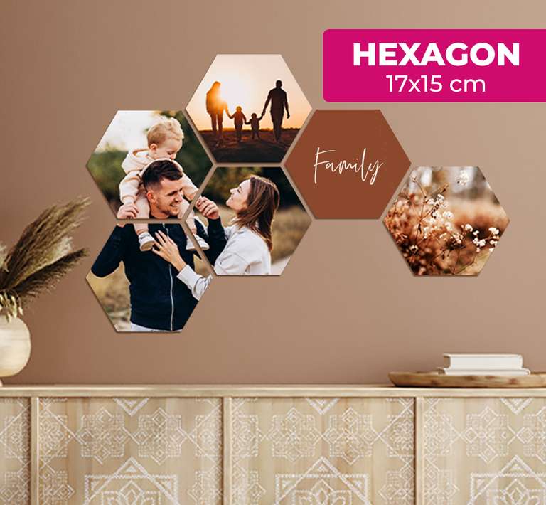 Eigen foto('s) op hexagon wanddecoratie - vanaf €2,37 per hexagon