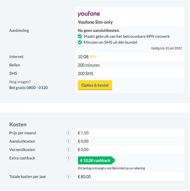 Youfone sim-only 10gb 200 min € 7,50 per maand en €10 cashback