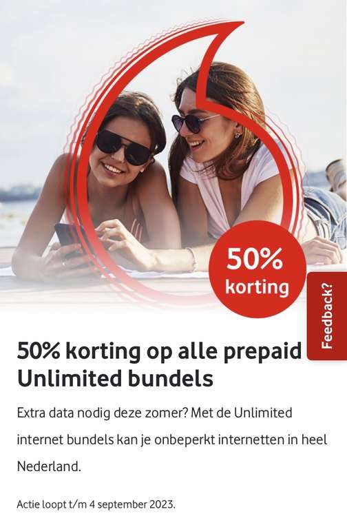 50% korting op alle prepaid Unlimited bundels van Vodafone