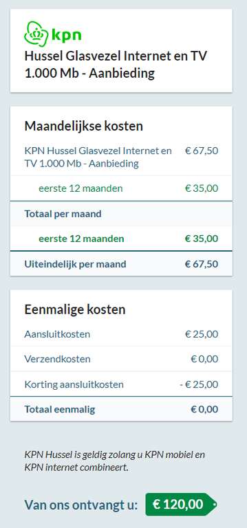 Jaarabonnement KPN hussel 1000mbs + tv (€325 als je niet overstapt vanaf xs4all) (postcode afhankelijk)