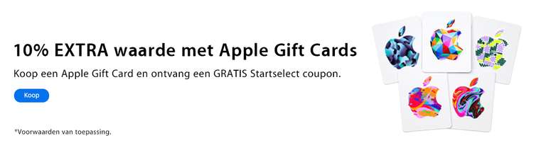 Startselect Coupon (t.w.v. 10% van de aankoopwaarde) cadeau bij aankoop van Apple Gift Cards @ Startselect