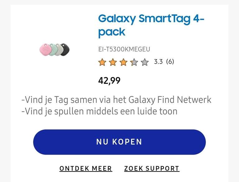Galaxy SmartTag 4-pack gekleurd voor €42,99 via ING