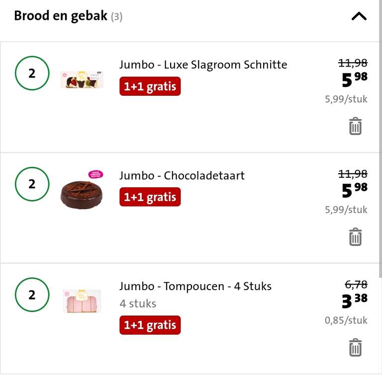 8 tompoucen 3,39 euro (1+1 gratis, ook Chocoladetaart en Schnitte) bij Jumbo Online