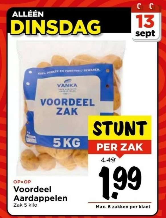 5kg aardappelen voor €1.99 a.s. dinsdag 13 sep @Vomar