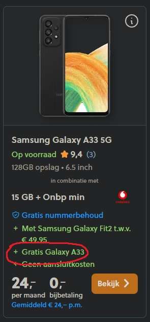 (Gratis) Samsung Galaxy A33 5G met Samsung Galaxy Fit2 (icm 2-jarig abonnement)